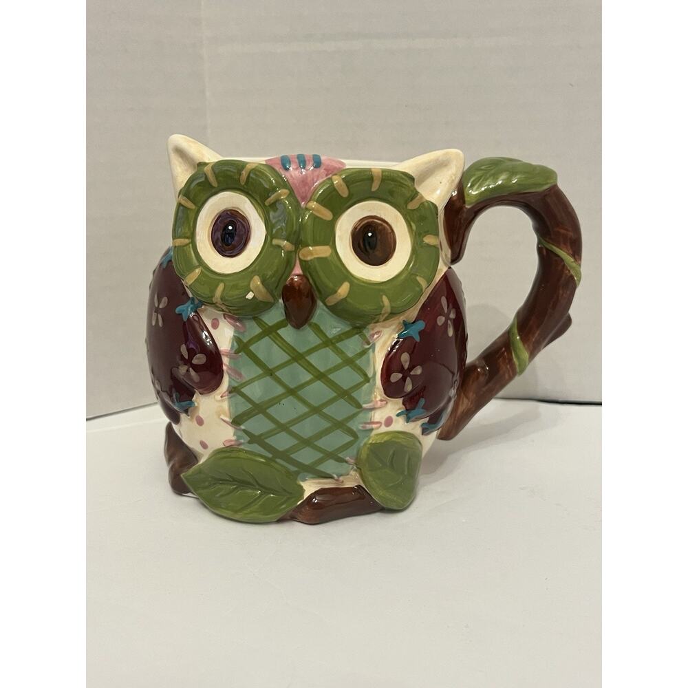 Pier 1 One Imports Hand Painted Dolomite Ollie Owl Coffee Mug Cup Large 4 3/4”